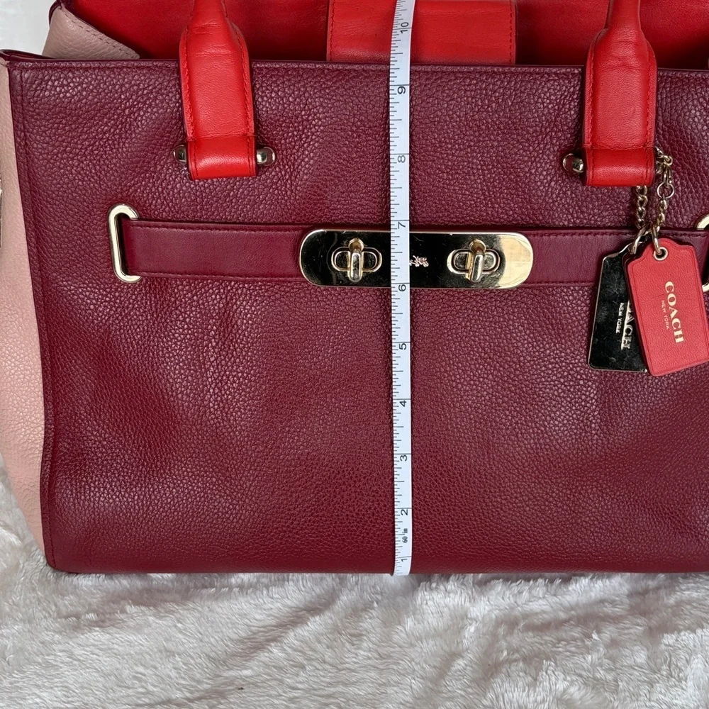 Coach Swagger Carryall Pebbled Leather Colorblock Satchel Shoulder Tote Burgundy